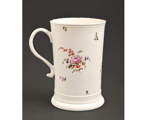 A Derby mug, c1775, enamelled with bouquets, each with a prominent rose and scattered flowers, brown edged rim, 16.5cm h  Lig