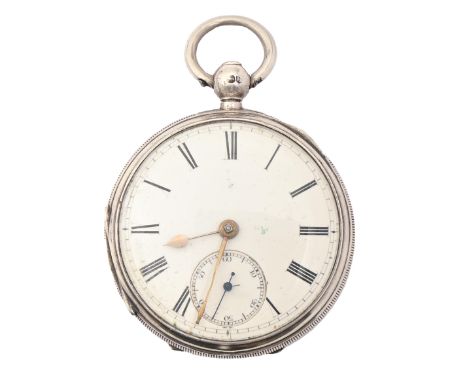 A silver lever watch, G Baskerville, Leek, No 3/9701, with gold balance, engine turned case, 43mm diam, London 1883  Good con