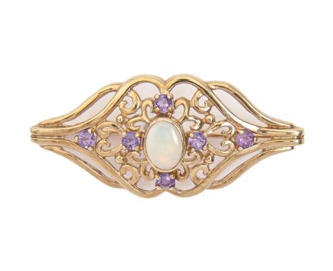 An opal and amethyst brooch, in 9ct gold, 38mm l, 3.9g  Good condition