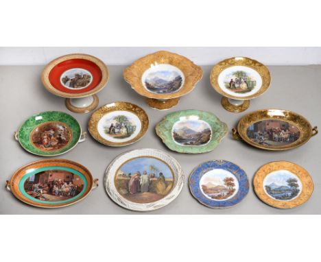 Eleven F &amp; R Pratt colour printed earthenware comports, stands and dishes, c1860  Mostly in good condition or with restor