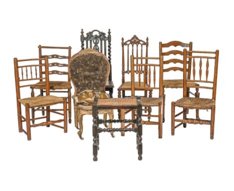 Eight spindle and ladder back ash and other chairs, 19th c and an ebonised oak stool (9)  Condition evident from image