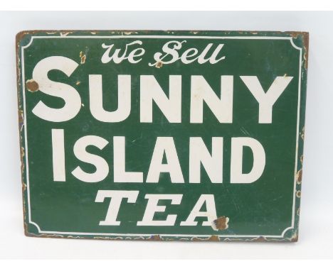 A Sunny Island Tea double sided enamel sign with hanging flange by Walmsley Camborne, 16 x 12".