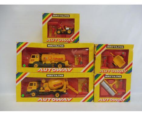 A quantity of Britains Autoway 1:32 scale to include a truck mixer 9816, a petrol tanker 9817, a Dump Truck 9810 and two othe