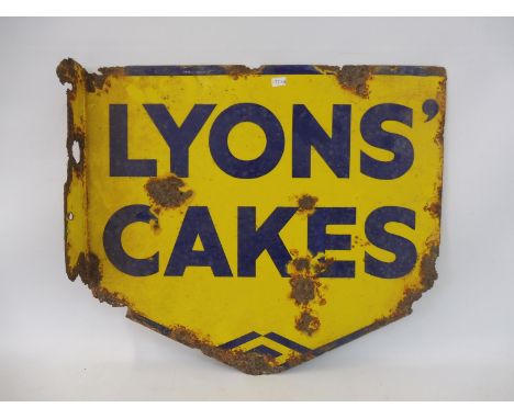 A Lyons' Cakes double sided enamel sign with hanging flange, 17 1/2 x 15".