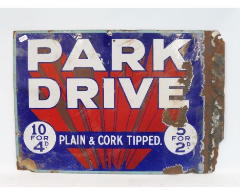 A Park Drive double sided enamel sign with a flattened hanging flange, 17 1/2 x 12". 