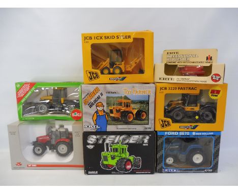 Eight boxed agricultural tractors and accessories, different accessories to include the Massey Ferguson 5480 and the Steiger 