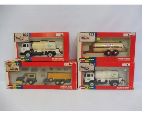 Four boxed 1:32 scale rainbow pack Britains, circa 1980s, to include the vacuum tanker, Leyland milk and the Land Rover trail