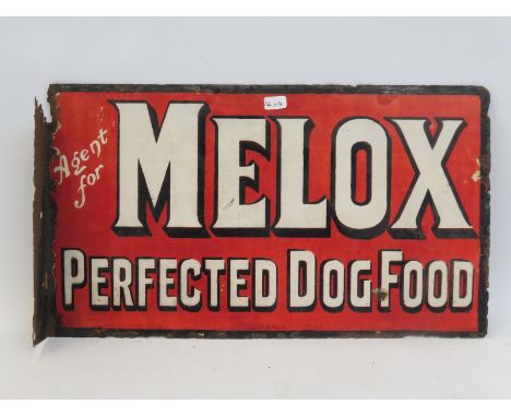 A Melox Perfected Dog Food double sided enamel sign with hanging flange by Burnham, unusual small size, 14 x 8". 
