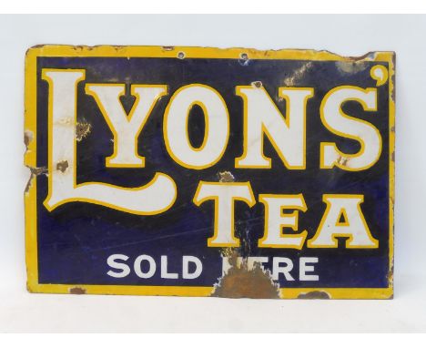 A Lyons' Tea Sold Here double sided enamel sign lacking hanging flange, 18 x 12". 
