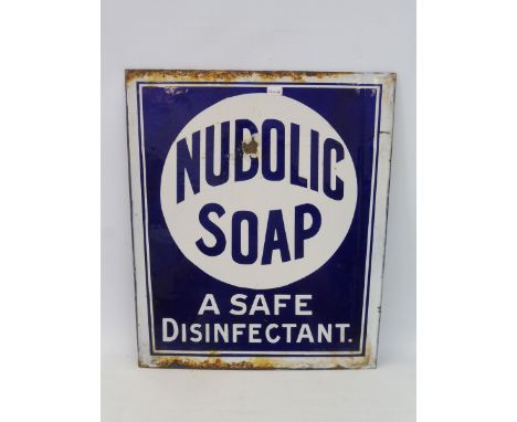 A double sided enamel chair back sign, to one side advertising Nubolic Soap, and Watson's Matchless Cleanser, 13 x 14".