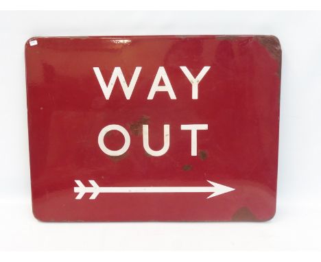 A B.R. 'Way Out' railway station enamel sign in Midland Region colours, with some amateur retouching, 24 x 18". 