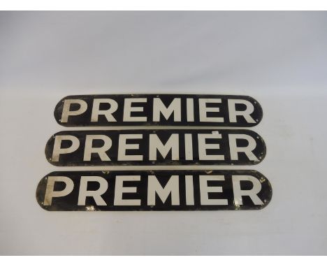 Three black and white enamel signs, 'Premier', 24 x 4".