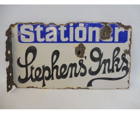 A Stephen's Inks 'Stationer/Library' double sided enamel sign with hanging flange, 18 x 10". 
