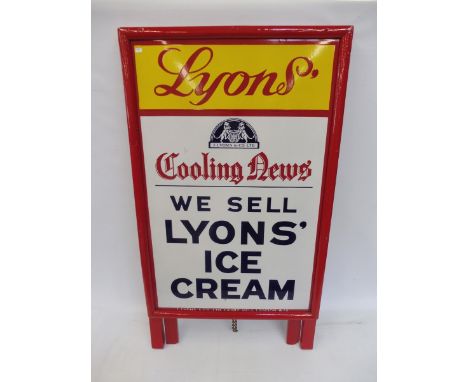 A Lyons Cooling News 'We Sell Lyons' Ice Cream' enamel sign in original stand, the sign in near mint condition, the frame rep