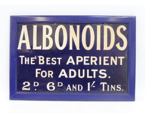 An Albonoids 'The Best Aperient For Adults' rectangular enamel sign in a painted wooden frame, small areas of restoration, 19
