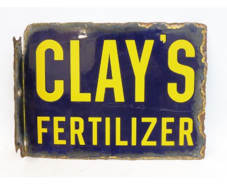 A small Clay's Fertilizer double sided enamel sign with hanging flange, 12 x 9". 
