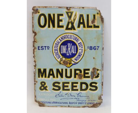 A 'One &amp; All' Manures &amp; Seeds rectangular enamel sign, 13 1/2 x 19 1/2". 