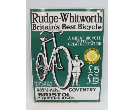 A reproduction Rudge-Whitworth bicycles pictorial enamel sign, 16 x 21 3/4".