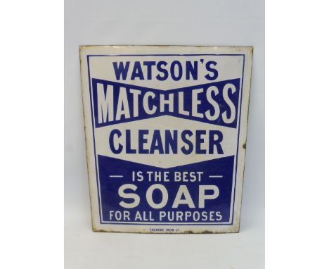 A Watson's Matchless Cleanser enamel chair back sign by Falkirk Iron Co, in good condition, 13 x 14". 