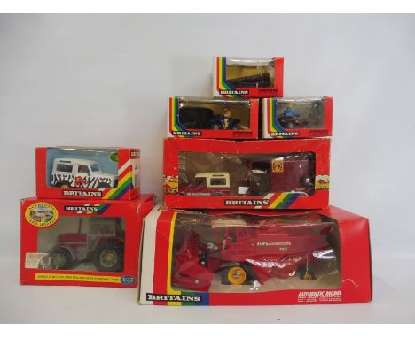 Seven Britains rainbow packs of various eras to include The Massey Ferguson combine and the Land Rover 7133 safari. 