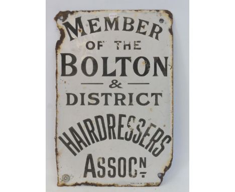 A 'Member of the Bolton &amp; District Hairdressers Assocn' double sided enamel sign by Ralph &amp; Jordan, lacking hanging f