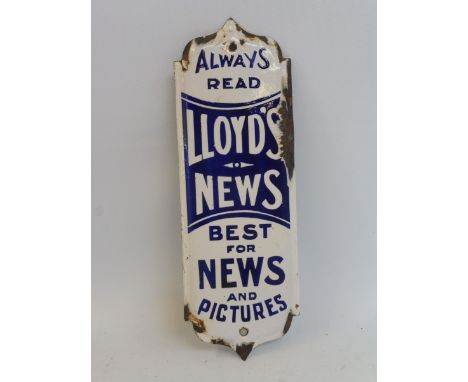 A Lloyd's News enamel finger plate with good gloss, 3 x 8.5". 