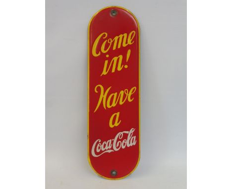 A rare Coca-Cola enamel finger plate in excellent condition, 3 1/2 x 11 3/4". 