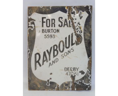 A Raybould and Sons For Sale double sided enamel sign with hanging flange, 15 x 20". 