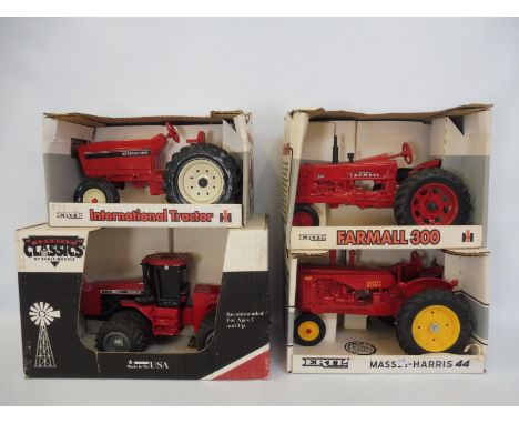 Four boxed Ertl 1:16 scale die-cast tractors comprising the Farmall 300 Massey Harris 44 and others. 