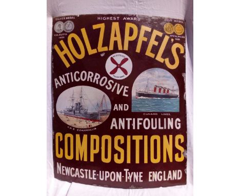A Holzapfel's Anticorrosive and Antifouling Compositions of Newcastle pictorial enamel sign with images of two ships, HMS Cor