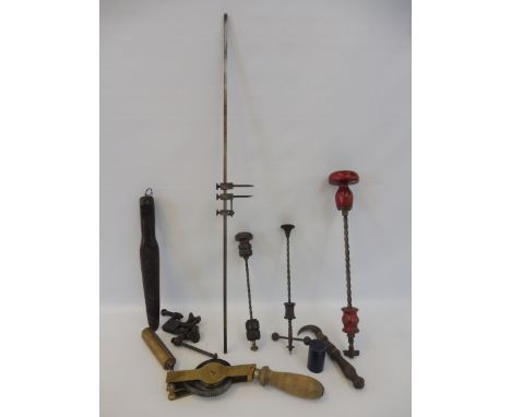 An unusual 33ft brass weight driven tape measure, and various other tools.