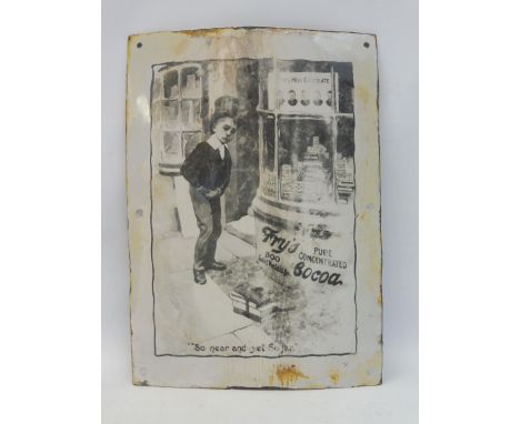 An early Fry's Pure Continental Cocoa pictorial Tom Browne enamel sign depicting the boy looking through the shop window, ret