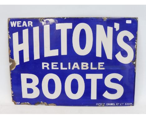 A Hilton's Reliable Boots rectangular enamel sign by Patent Enamel, 17 x 12". 