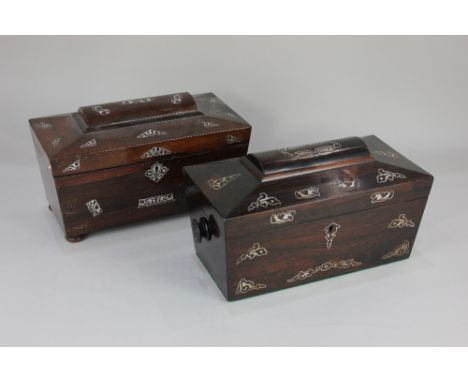 A 19th century rosewood and mother of pearl inlaid tea caddy, of sarcophagus form, the interior with lidded canisters decorat