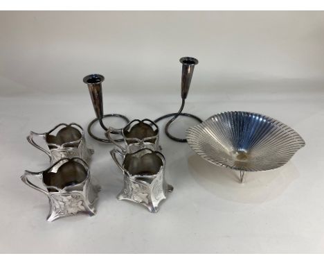 A set of four Art Nouveau WMF silver plated tea glass holders, monogrammed, a WMF mid 20th century pedestal dish, presented, 