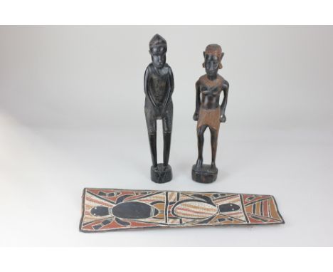 Ethnographic interest, an Aboriginal painting on wood; Roy Rewa, depicting turtles and fish, indistinctly inscribed paper lab