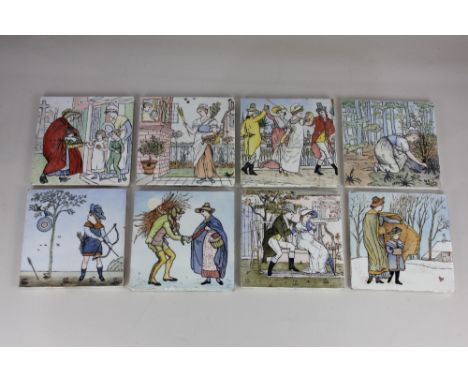 A collection of eight Mintons wall tiles, comprising three Nursery Rhyme tiles designed by Walter Crane, and five similar, ea