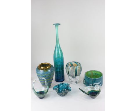 A Mdina glass posy basket and two trinket pots, together with three studio glass vases, and a blue glass bottle with elongate