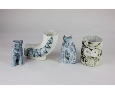 A John Beusmans for Carn pottery model of a cat, 13cm high, and cylinder vase, 13cm high, both signed and stamped on the base