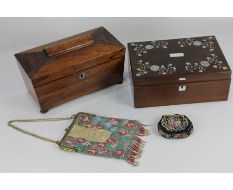 A Victorian rosewood tea caddy, of sarcophagus form, on bun feet, 25cm, and a rosewood and mother of pearl inlaid box, 23.5cm