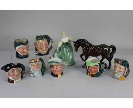 Six Royal Doulton small character jugs, to include Robinson Crusoe, Bacchus, Granny and Sairey Gamp, 8cm, and a Beswick examp