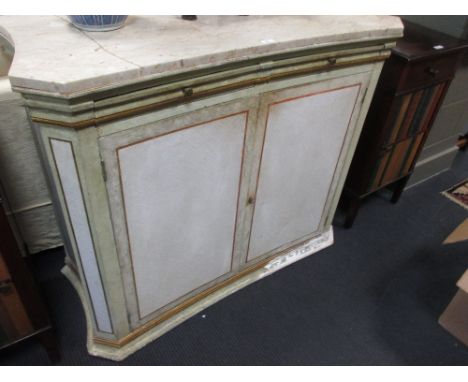 A painted marbled top commode, with cupboards on a plinth base, 91 x 108 x 44cm  