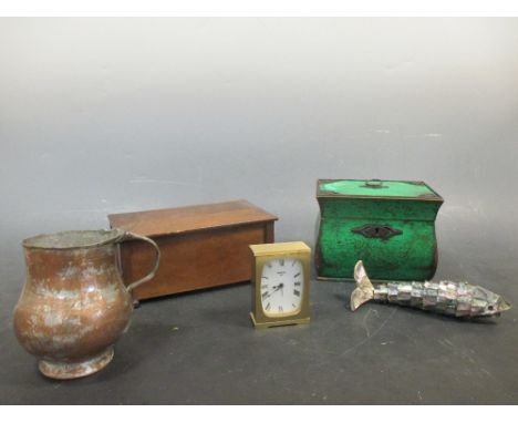 A green two compartment tea caddy, another box, a mother of pearl segmental fish, a clock, etc  