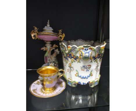 A 'Rouen' planter, Paris vase and an Ed. Honore cabinet cup and saucer  