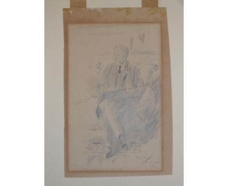 A collection of watercolours and drawings including Phillip William May (1864-1903), A Portrait of E T Reed sketching, pencil