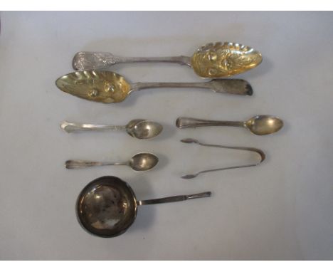 Two Georgian silver berry spoons, four silver tea spoons, a pair of silver sugar tongs, and a ladle bowl, gross weight 7.6ozt