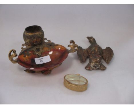 A jasper and ormolu inkstand together with a gilt wood eagle finial  