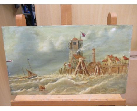 English School (19th Century), Lighthouse, oil on board, and two unframed seascape watercolours (3)  