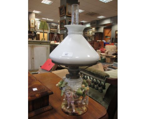 A late 19th century Sitzendorf or Plaue cherubic porcelain oil lamp, height to top of milk glass shade 36cm  one ankle with h