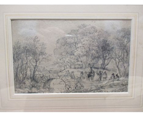 A Nasmyth pencil and ink sketch (11 17cm) of figures in a landscape and a monochrome watercolour seascape 11 x 1 4cm (2)  
